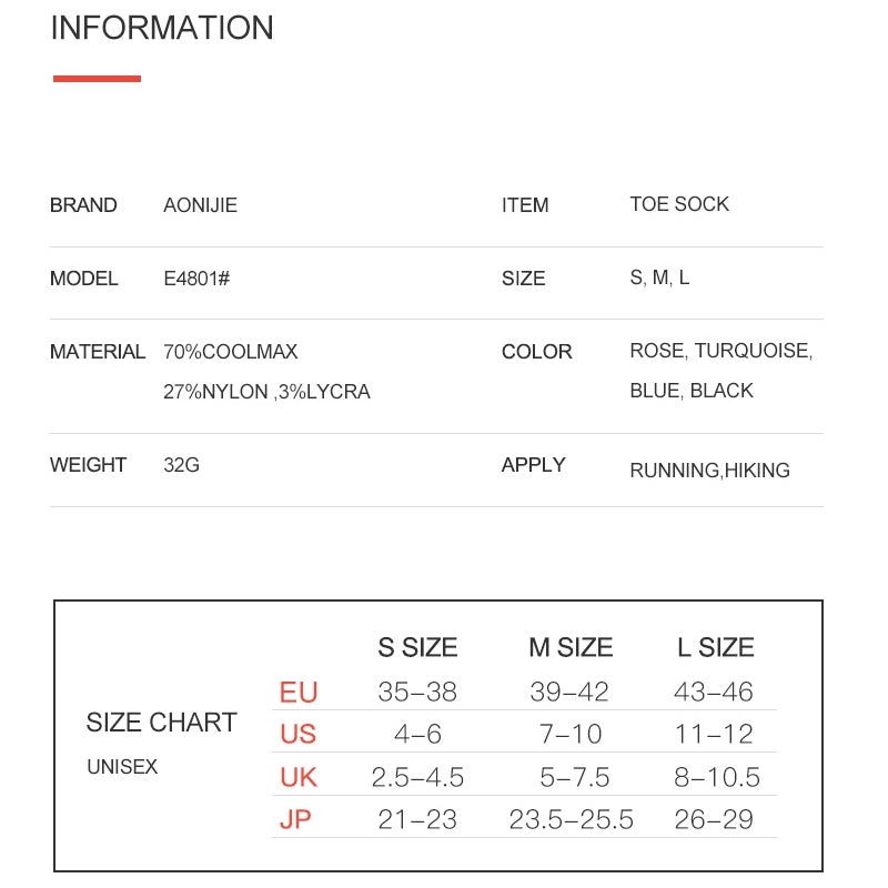 Aonijie COOL MAX TOE SOCKS 3 pairs Model no. E4802 - SMALL