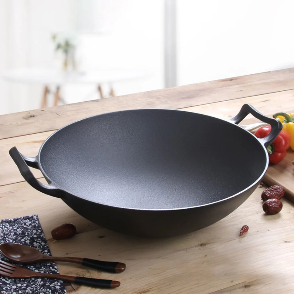 Happiness CAST IRON WOK 36cm x 10cm - Pre Seasoned Wok with Glass Lid