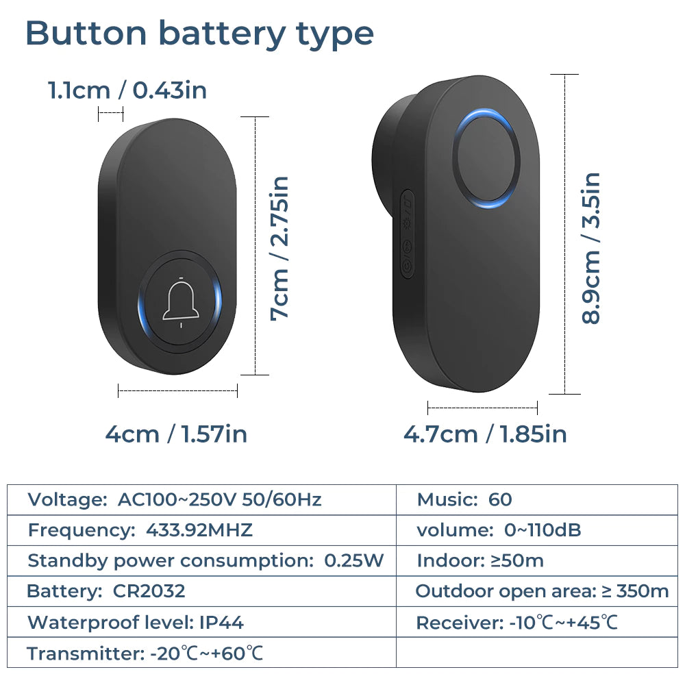 Smatrul Self-Powered Wireless Model Doorbell - BLACK (1 Button / 2 Receiver)