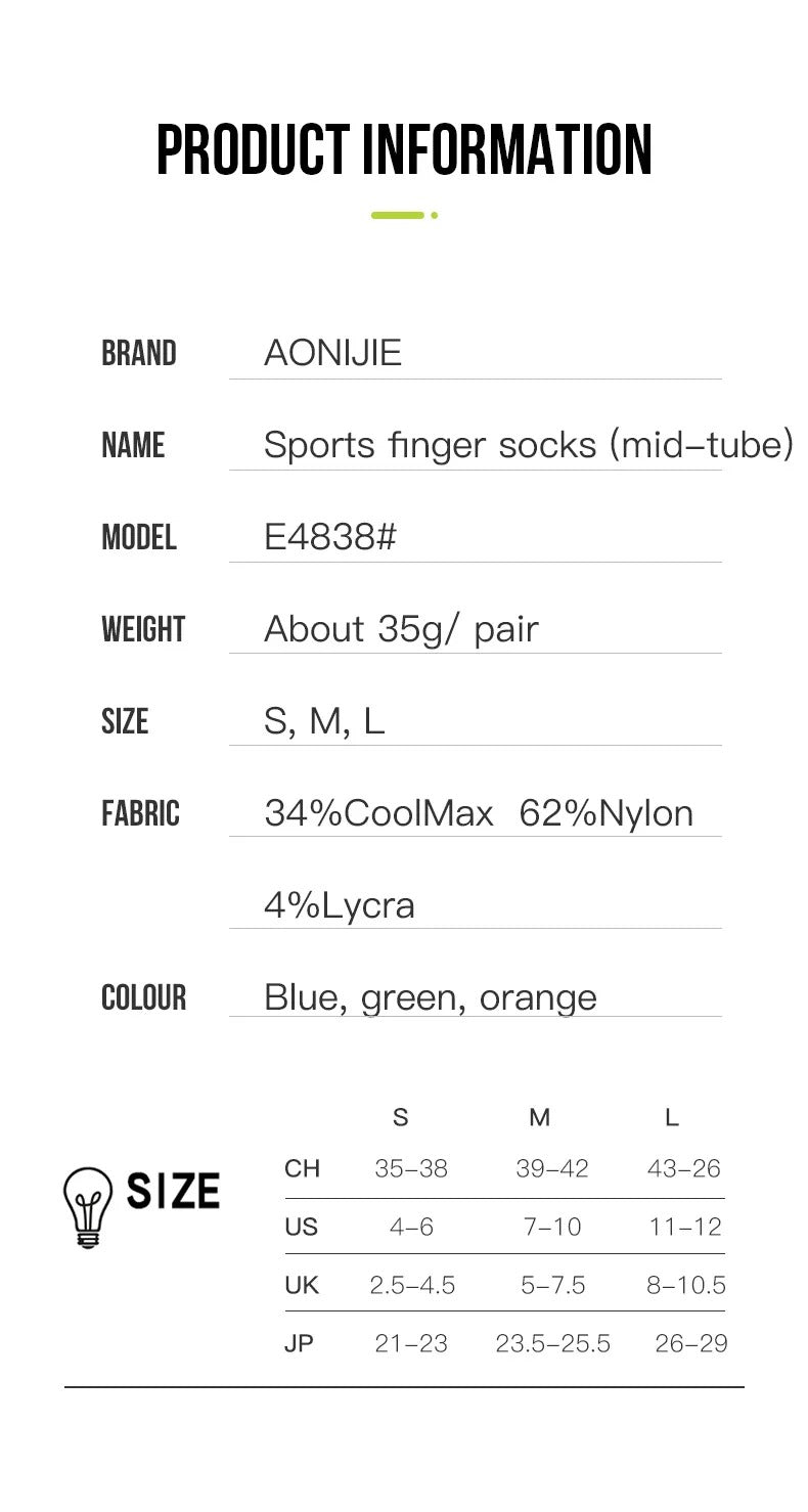 Aonijie SPORTS FIVE FINGER SOCKS Set of 3 PAIRS Model no. E4838