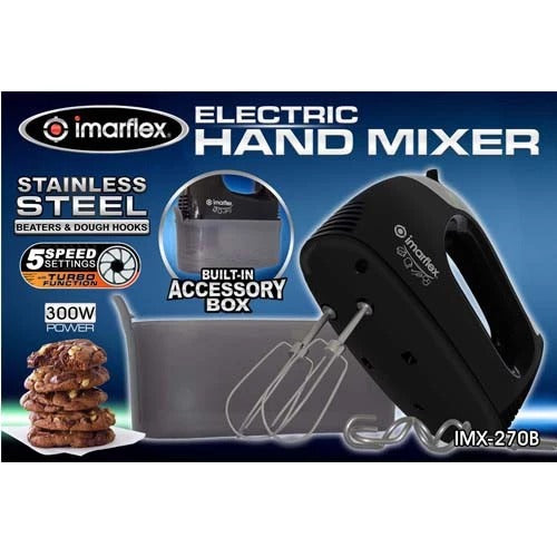 IMARFLEX IMX-270B - Electric Hand Mixer with Built-in Accessory Box (5 SPEEDS) - BLACK