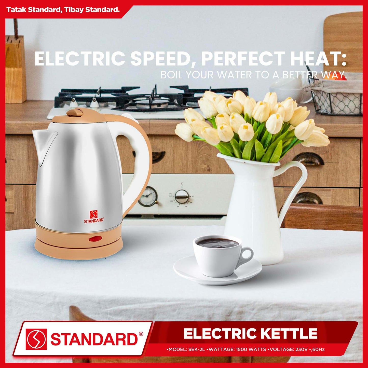 STANDARD - ELECTRIC KETTLE 2L 1500W - STAINLESS STEEL BODY
