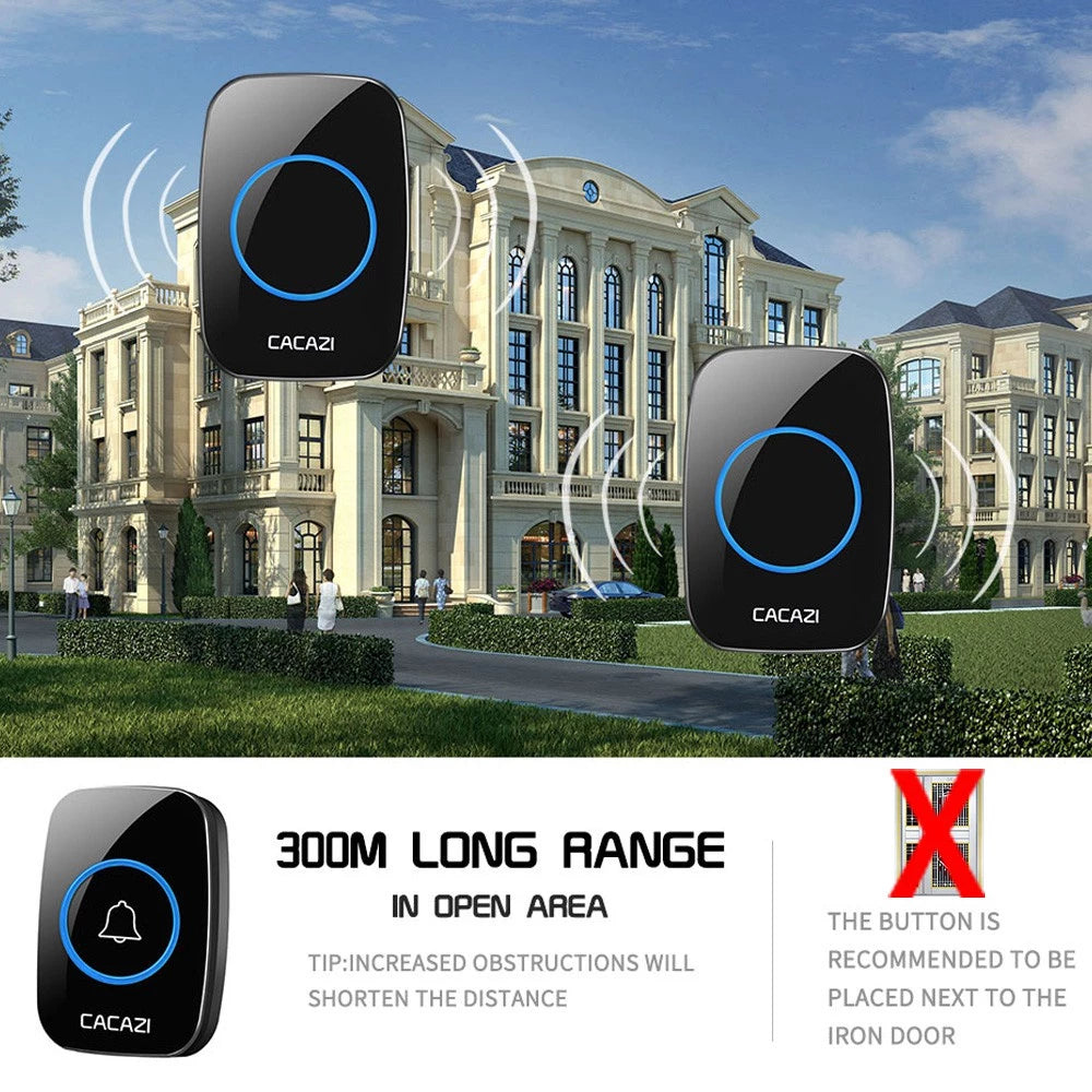 CACAZI Wireless Doorbell Waterproof - Black (1 Button / 1 Receiver)