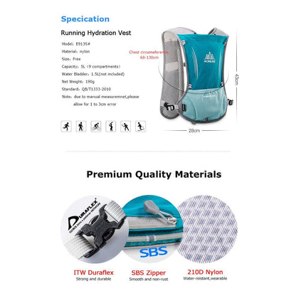 Aonijie BLUE Hydration Backpack Running Vest 5 Liter (vest only - flask, bladder or bottles are sold seperately)