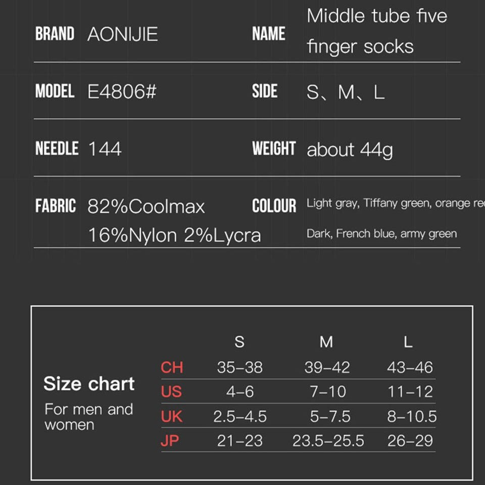 Aonijie Cool Max TOE SOCKS - DARK GREY LARGE