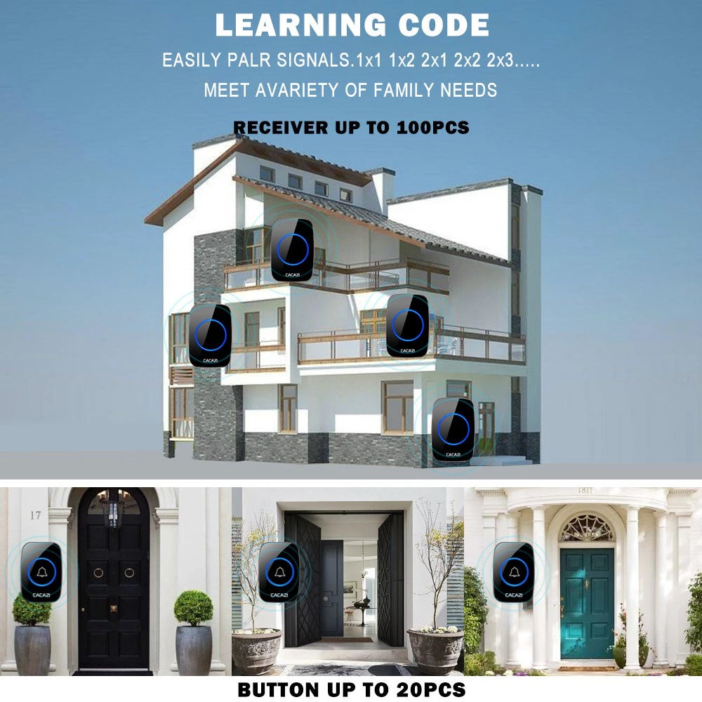 CACAZI Wireless Doorbell Waterproof - Black 1 Button / 2 Receiver