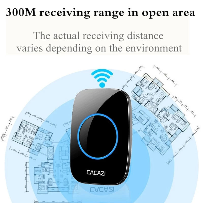 CACAZI Wireless Doorbell Waterproof - Black (1 Button / 1 Receiver)