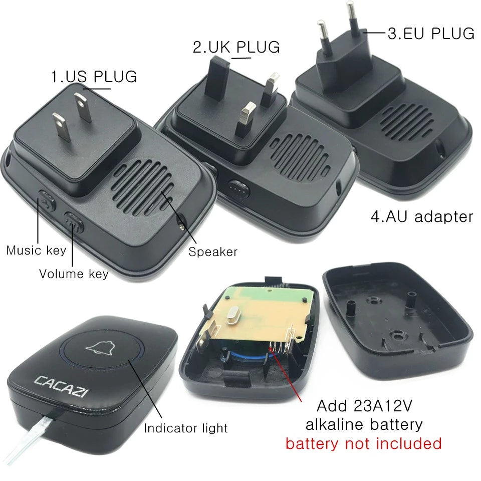 CACAZI Wireless Doorbell Waterproof - Black 2 Button / 2 Receiver