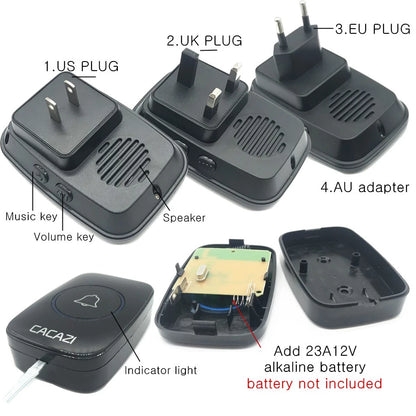 CACAZI Wireless Doorbell Waterproof - Black 2 Button / 2 Receiver