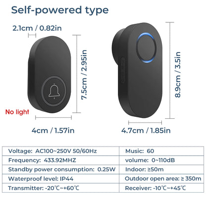 Smartrul Self-Powered Wireless Model Doorbell - BLACK 2 Button / 2 Receiver