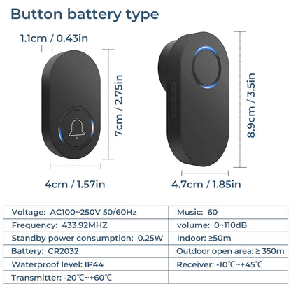 Smartrul Self-Powered Wireless Model Doorbell - BLACK 2 Button / 2 Receiver