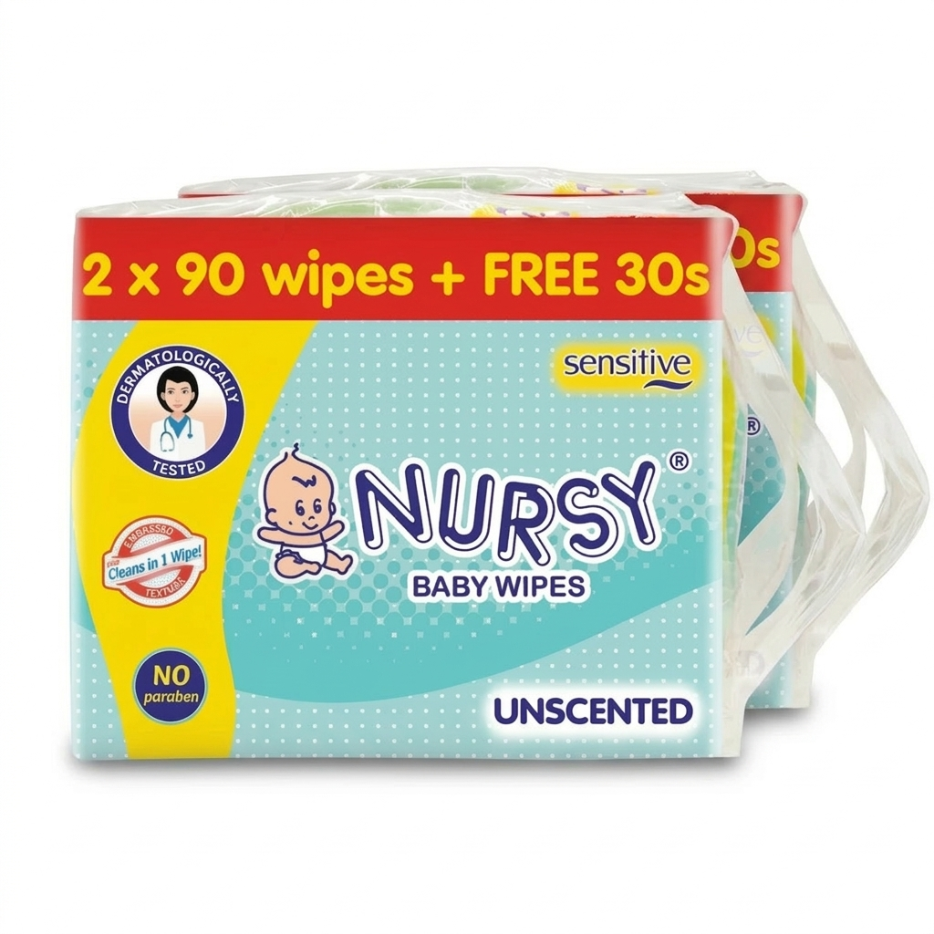 BUNDLE OF 2 or 8 - Nursy Baby Wipes Unscented 90s x 2 + 1 Free 30 wipes