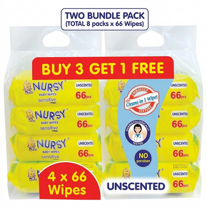 BUNDLE OF 2 or 6 - Nursy Baby Wipes Unscented Scent 4 pcs x 66 wipes