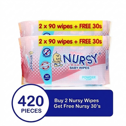 BUNDLE OF 2 or 12 - Nursy Powder Scent Wipes 2 pcs x 90 wipes + 30 wipes free (210 wipes)