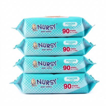 BUNDLE OF 4 and 24 - Nursy Baby Wipes in Powder Scent 90's