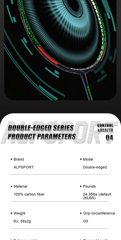 ALP SPORT 1pc SR - ALP SR Double-Edged 100% Full Carbon Fiber Badminton Racket 9U G5 24-35lbs