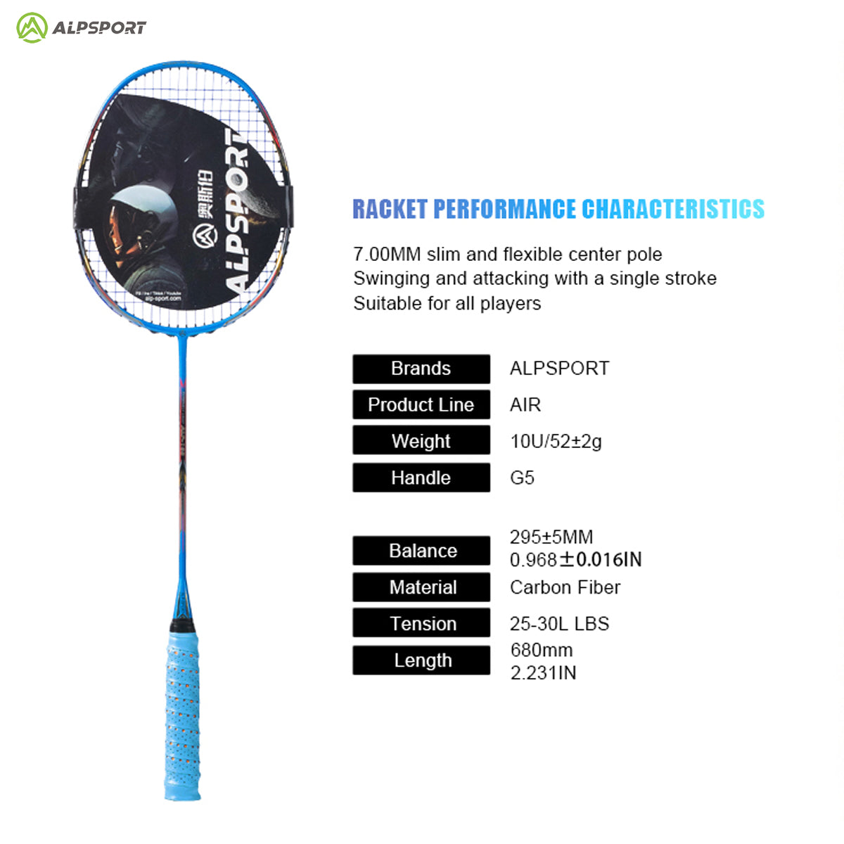 ALP SPORT 1pc AIR - ALP AIR Carbon Fiber Badminton Racket 10U G5 Superlight 52g 28-35lbs
