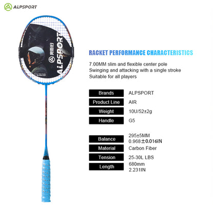 ALP SPORT 1pc AIR - ALP AIR Carbon Fiber Badminton Racket 10U G5 Superlight 52g 28-35lbs