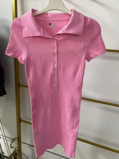 Short-sleeved Square-neck Seamless One-piece SPORTS DRESS with Buttons