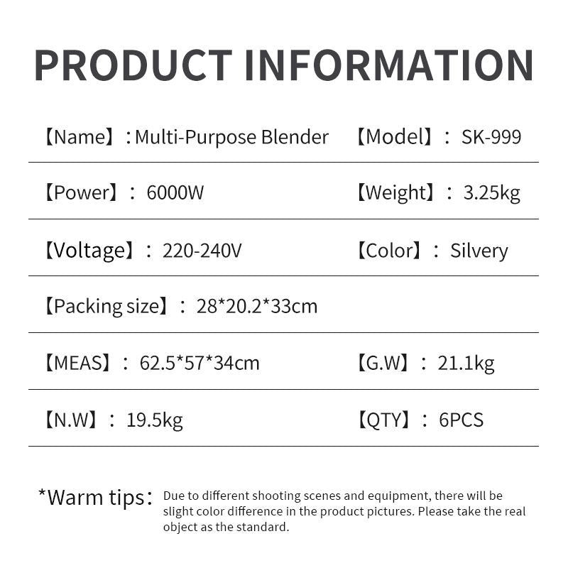 Sokany 2.5L Capacity 9 Speed Adjustable Portable Blender 6000W