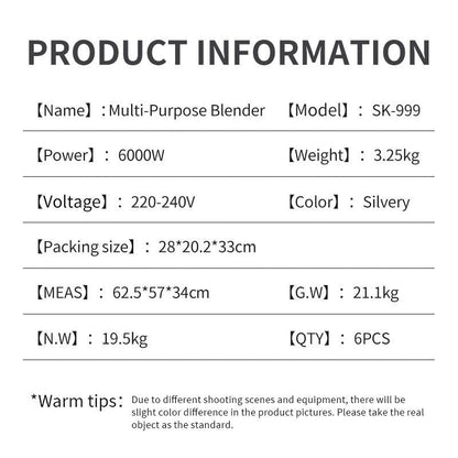 Sokany 2.5L Capacity 9 Speed Adjustable Portable Blender 6000W