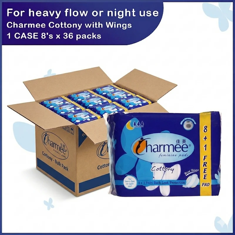 1 CASE - Charmee COTTONY heavy flow or Night Use w/ wings (8's x 36 packs)