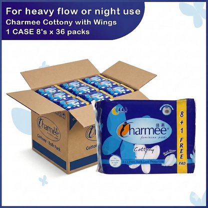 1 CASE - Charmee COTTONY heavy flow or Night Use w/ wings (8's x 36 packs)