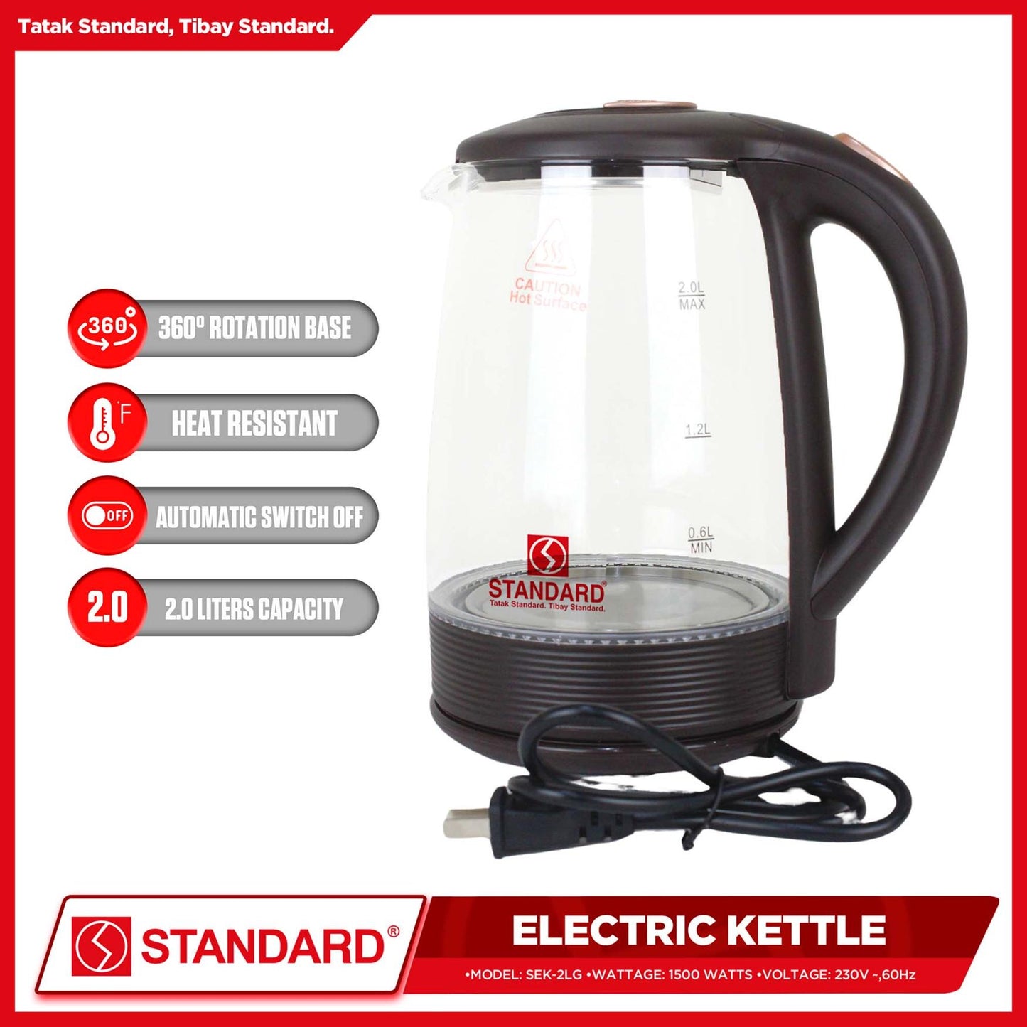 STANDARD - ELECTRIC KETTLE 2L 1500W - GLASS