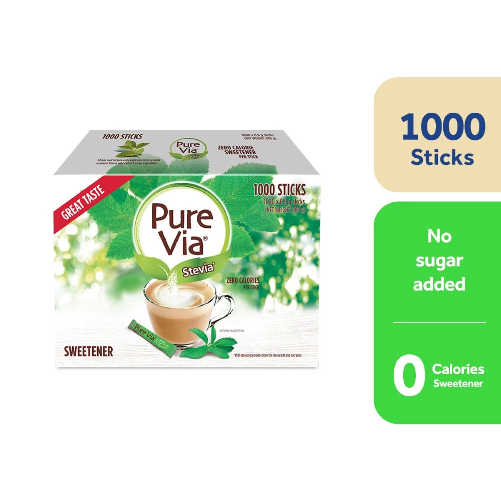 PURE VIA STEVIA Zero Calorie Sweetener (1000 Sticks) - Stevia Sweetener, Sugar Free - 1 BOX