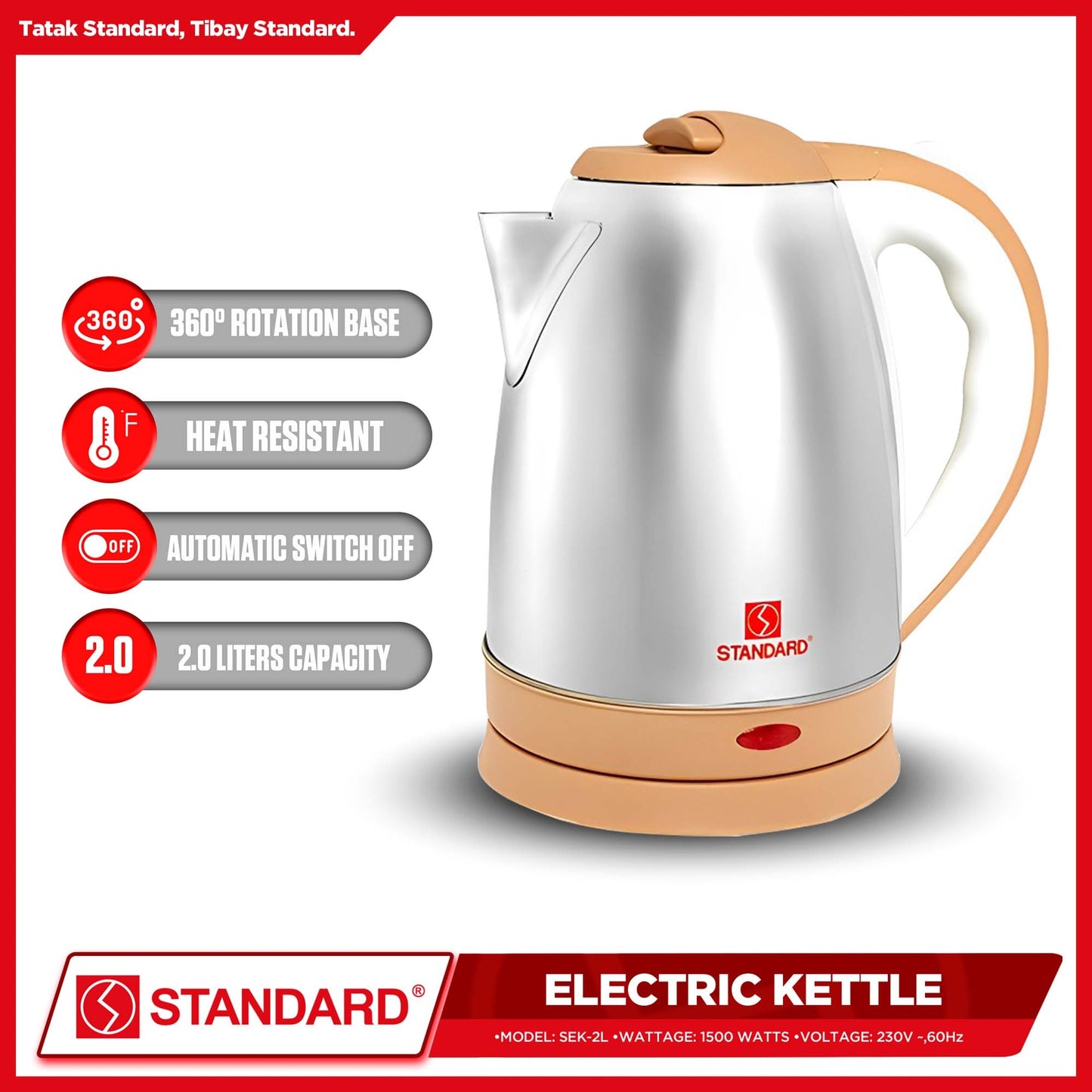 STANDARD - ELECTRIC KETTLE 2L 1500W - STAINLESS STEEL BODY