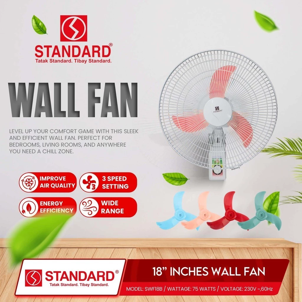 STANDARD ELECTRIC FAN 18" Wall Fan Banana Type Plastic Blade - RED