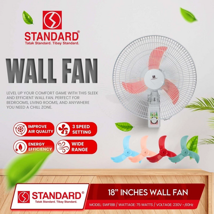 STANDARD ELECTRIC FAN 18" Wall Fan Banana Type Plastic Blade - RED