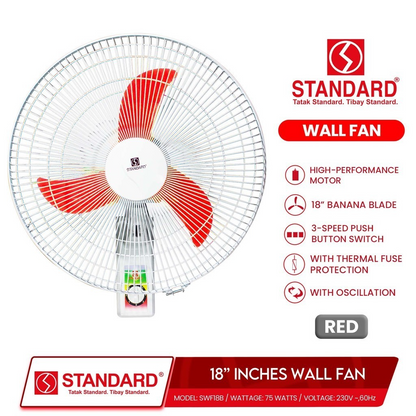 STANDARD ELECTRIC FAN 18" Wall Fan Banana Type Plastic Blade - RED