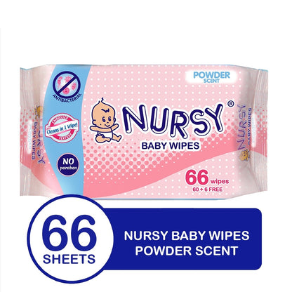 BUNDLE OF 2 or 6 -  Nursy Baby Wipes in Powder Scent 4 pcs x 66 wipes