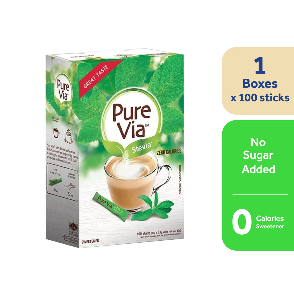 PURE VIA STEVIA Zero Calorie Sweetener (100 Sticks) - Stevia Sweetener, Sugar Free - (BUNDLE OF 3)