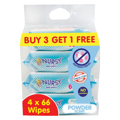 BUNDLE OF 2 or 6 -  Nursy Baby Wipes in Powder Scent 4 pcs x 66 wipes