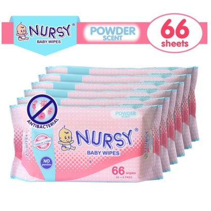 BUNDLE OF 2 or 6 -  Nursy Baby Wipes in Powder Scent 4 pcs x 66 wipes