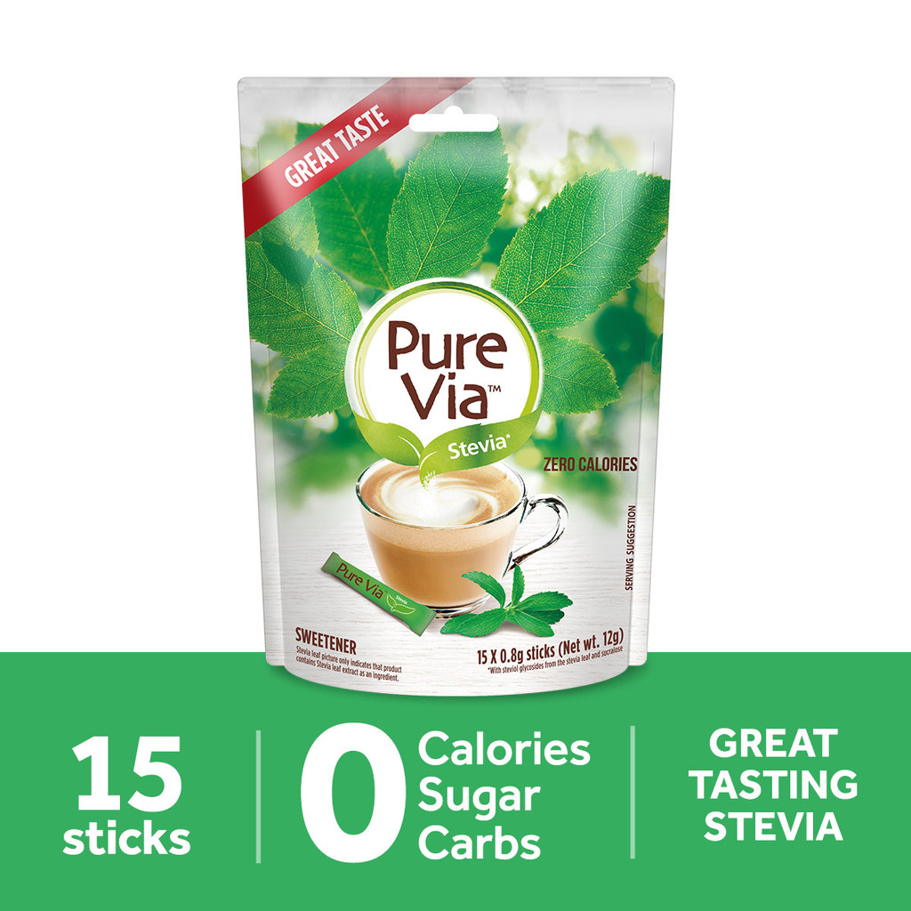 PURE VIA STEVIA Zero Calorie Sweetener (15 Sticks) - Stevia Sweetener, Sugar Free - 1 PACK