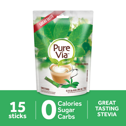 PURE VIA STEVIA Zero Calorie Sweetener (15 Sticks) - Stevia Sweetener, Sugar Free - 1 PACK