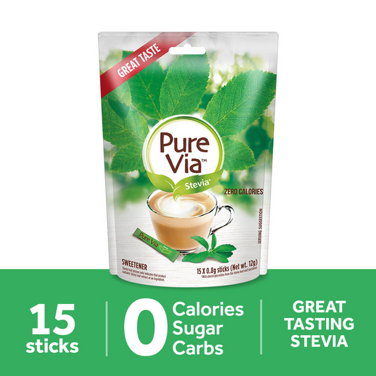 PURE VIA STEVIA Zero Calorie Sweetener (15 Sticks) - Stevia Sweetener, Sugar Free - 1 PACK