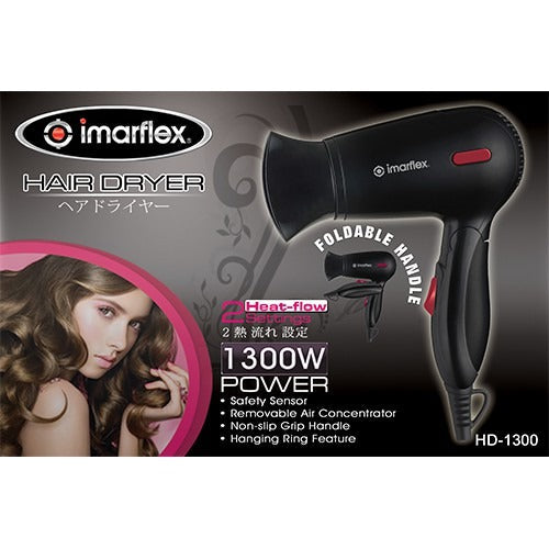IMARFLEX HD-1300 - Portable Hair Dryer - FOLDABLE HANDLE (BLACK)