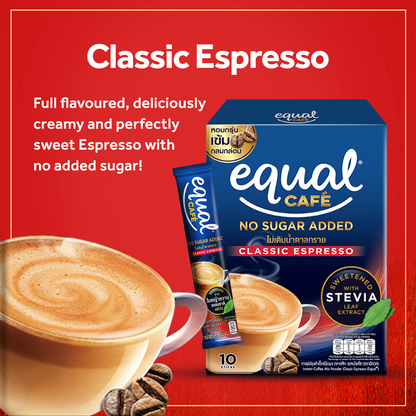 1 CASE - EQUAL CAFE CLASSIC ESPRESSO, 3-IN-1 Coffee Mix - Natural Stevia Sweetener - (10 Sticks x 12 Boxes)