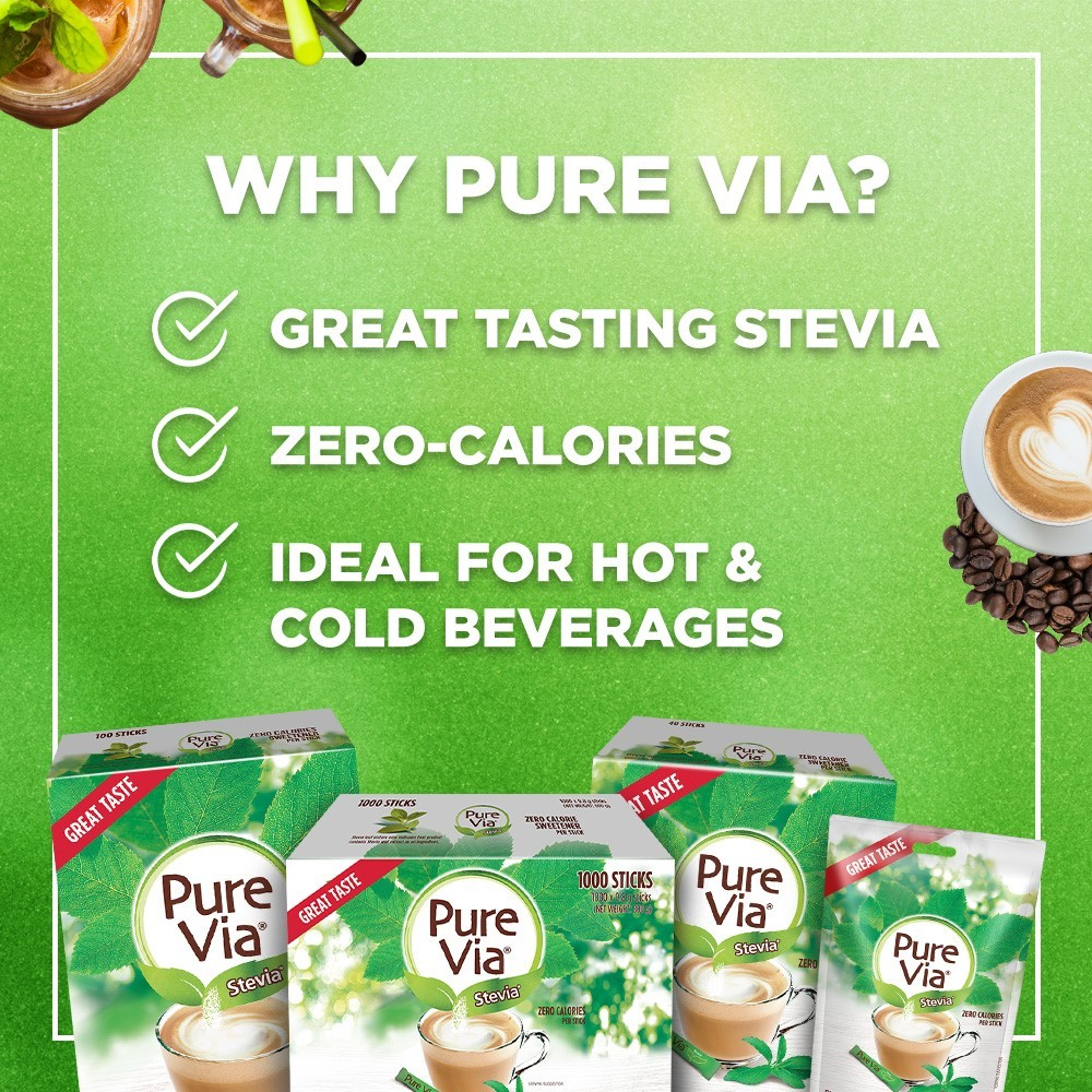 PURE VIA STEVIA Zero Calorie Sweetener (1000 Sticks) - Stevia Sweetener, Sugar Free - 1 BOX