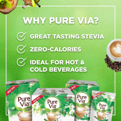 PURE VIA STEVIA Zero Calorie Sweetener (1000 Sticks) - Stevia Sweetener, Sugar Free - 1 BOX