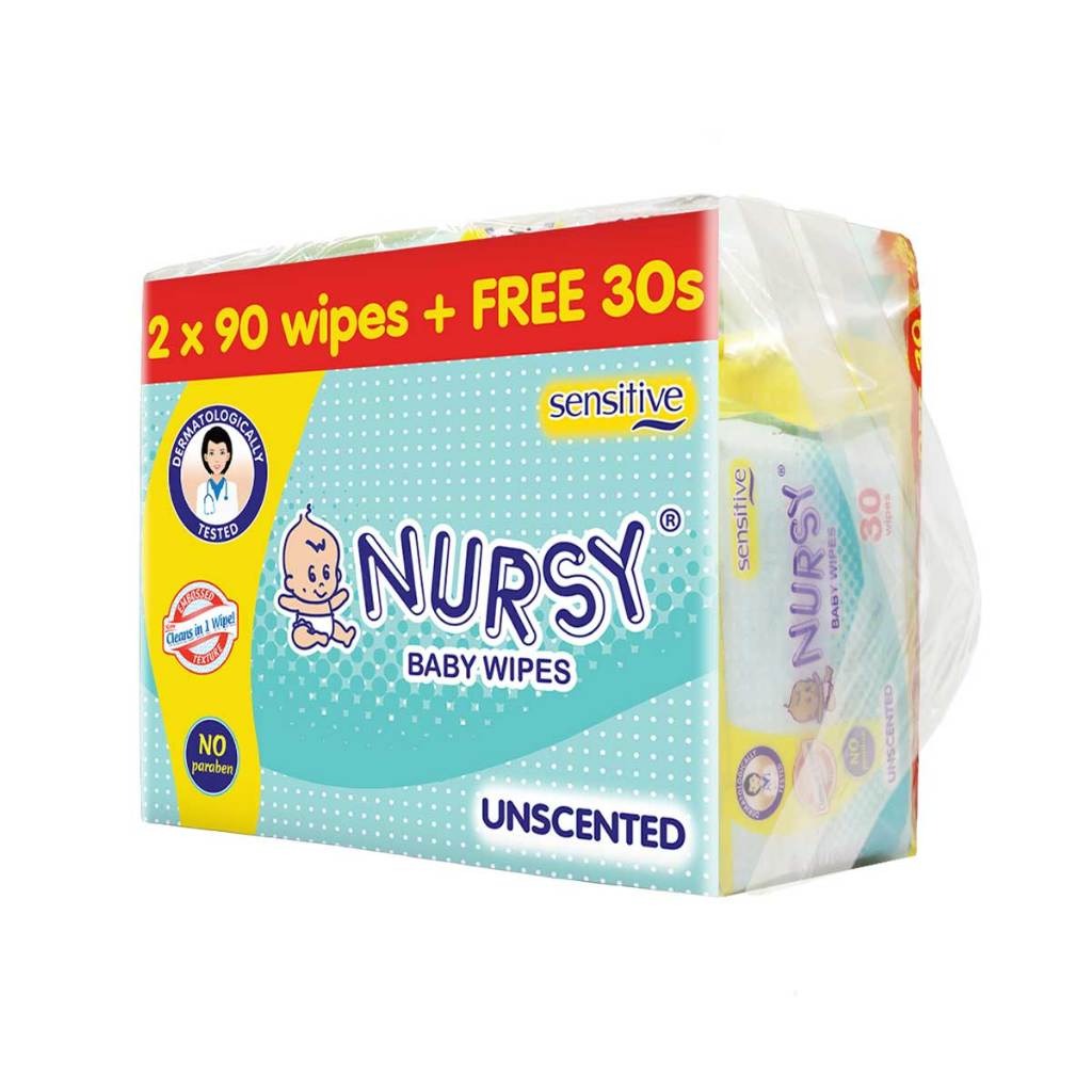 BUNDLE OF 2 or 8 - Nursy Baby Wipes Unscented 90s x 2 + 1 Free 30 wipes