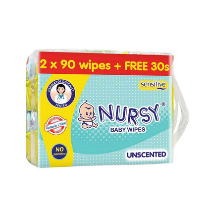 BUNDLE OF 2 or 8 - Nursy Baby Wipes Unscented 90s x 2 + 1 Free 30 wipes