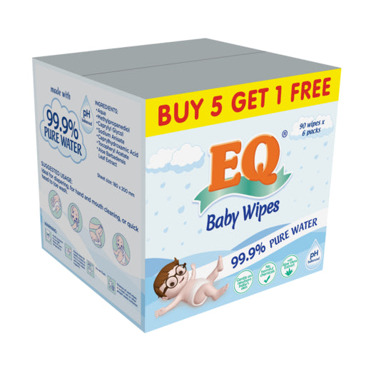 BUNDLE OF 6 - EQ BABY WIPES 99.9% PURE WATER 90 wipes