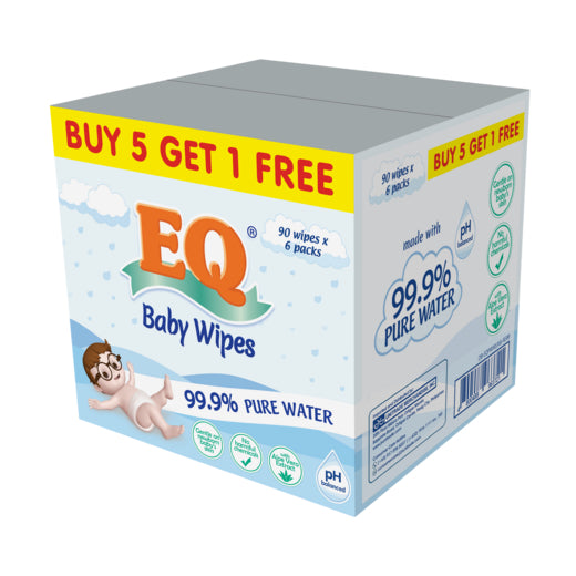 BUNDLE OF 6 - EQ BABY WIPES 99.9% PURE WATER 90 wipes