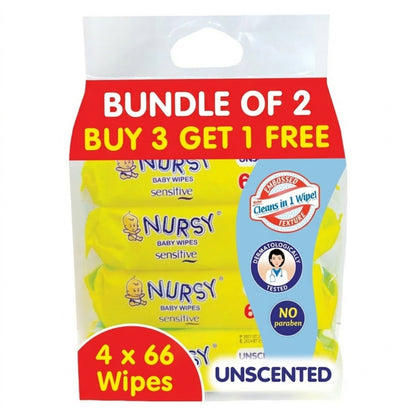 BUNDLE OF 2 or 6 - Nursy Baby Wipes Unscented Scent 4 pcs x 66 wipes