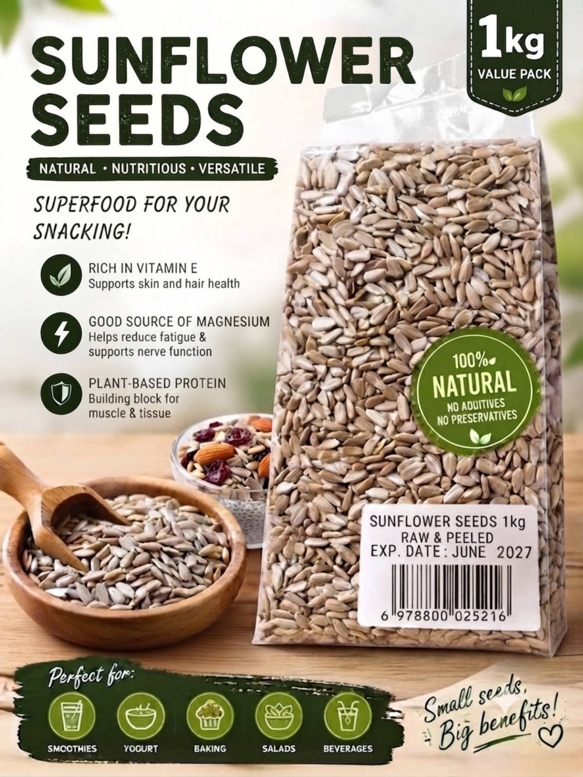 Segoi - SUNFLOWER SEEDS 1kg - Sugar-free and Healthy - (Exp. Date June 2027)